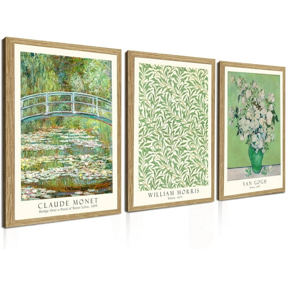 FCCUYE Framed Sage Green Vintage Wall Art Canvas Decor Set of 3, Matisse Wall Art Prints Posters Mid Century Modern Art, Van Gogh Floral Botanical wall art, bathroom, bedroom, living room 12x16