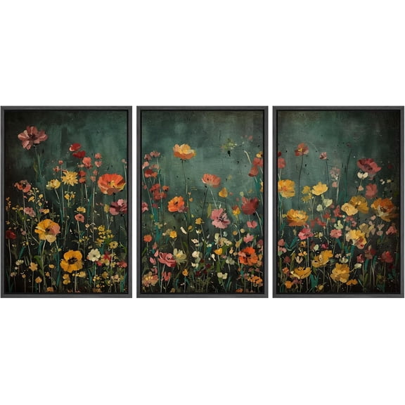 FCCUYE Framed Wall Art Print Set Vintage Wildflower Meadow with Colorful Blooms Illustrations Modern Art Boho Decorative Colorful Chic for Living Room, Bedroom, Office - 16"x24"x3 Natural