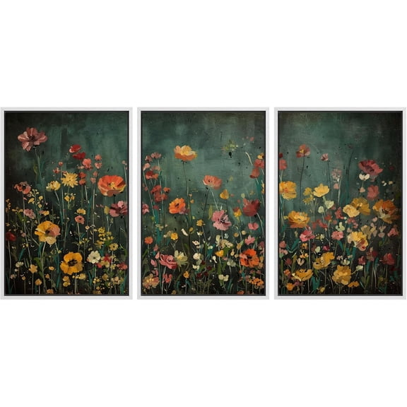 FCCUYE Framed Wall Art Print Set Vintage Wildflower Meadow with Colorful Blooms Illustrations Modern Art Boho Decorative Colorful Chic for Living Room, Bedroom, Office - 16"x24"x3 Natural