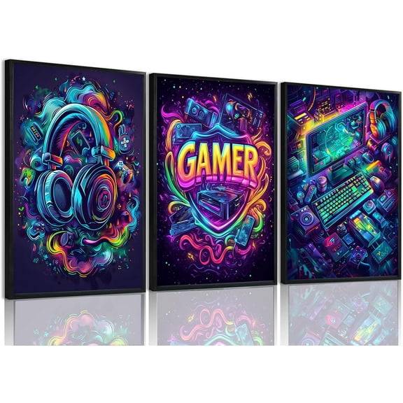FCCUYE Game Room Decor Video Game Canvas Wall Art Set of 3 Cool Gaming Poster Prints Gamer Sign Pictures Graffiti Gamepad Headphones Painting Wall Decor for Boys Bedroom 12x16in Framed
