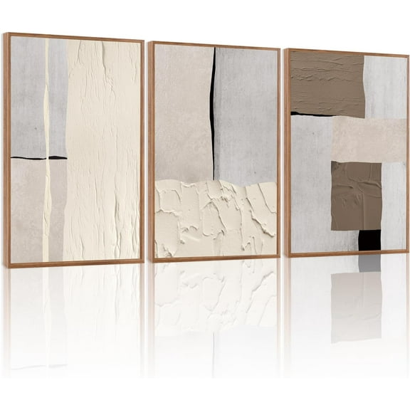 FCCUYE Grey Black Brown Framed Wall Art,Grey Abstract Pictures Set of 3(16”X24”) Minimalist Beige Cream Canvas Wall Art,Dance Lines Large Paintings,Blie Gray Wall Decor,Modern Room Decor for Bedroom