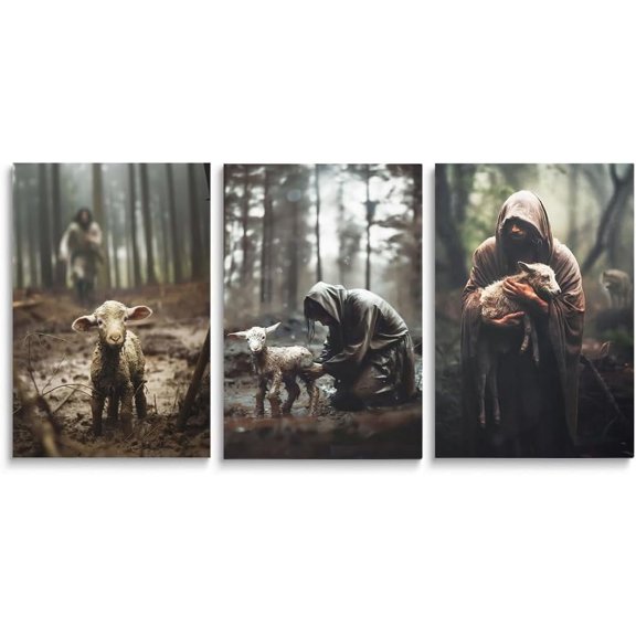 FCCUYE Jesus and Lamb Canvas Wall Art Jesus Runs Towards A Lost Lamb Picture, "He Ran He Rescued He Carried" Set of 3 Jesus God Poster for Christian Home Decor, Christian Canvas Wall Art, Gift for