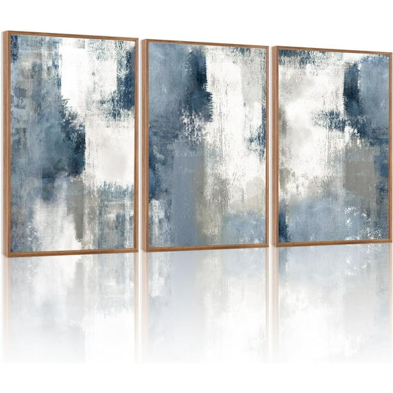 FCCUYE Large Navy Blue Brush Strokes Framed Canvas Wall Art Set of 3(12”X16”) Abstract Neutral Art Painting Modern Pastel Brown Artwork Minimalist Shapes Wall Decor for Living Room Bedroom Office