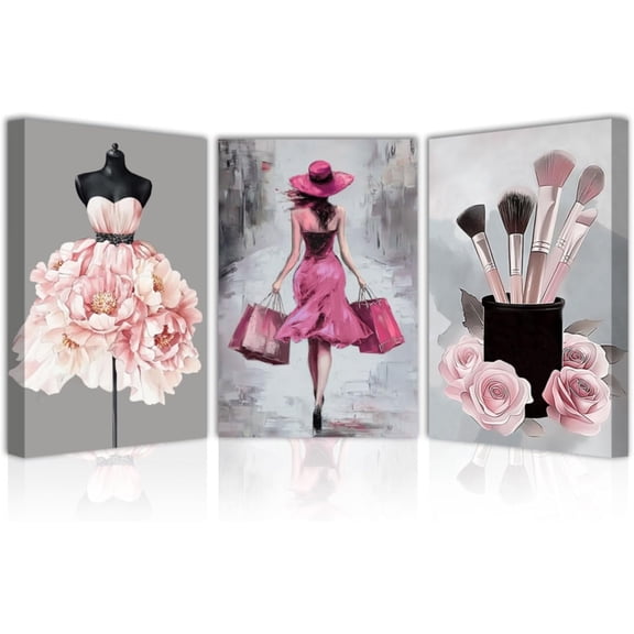 FCCUYE Makeup Room Canvas Wall Art 3 PCS Fashion Woman Pictures Woman Makeup Supplies Poster Prints for Girl Room Decor Framed (Purple,16.00" x 24.00" x 3PCS)