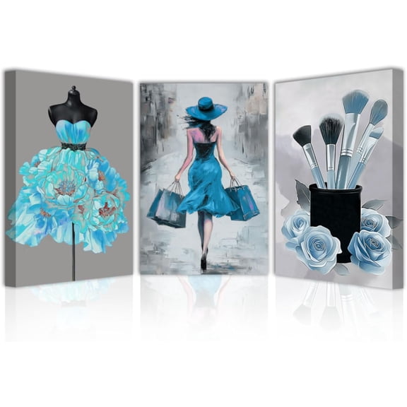 FCCUYE Makeup Room Canvas Wall Art 3 PCS Fashion Woman Pictures Woman Makeup Supplies Poster Prints for Girl Room Decor Framed (Purple,16.00" x 24.00" x 3PCS)