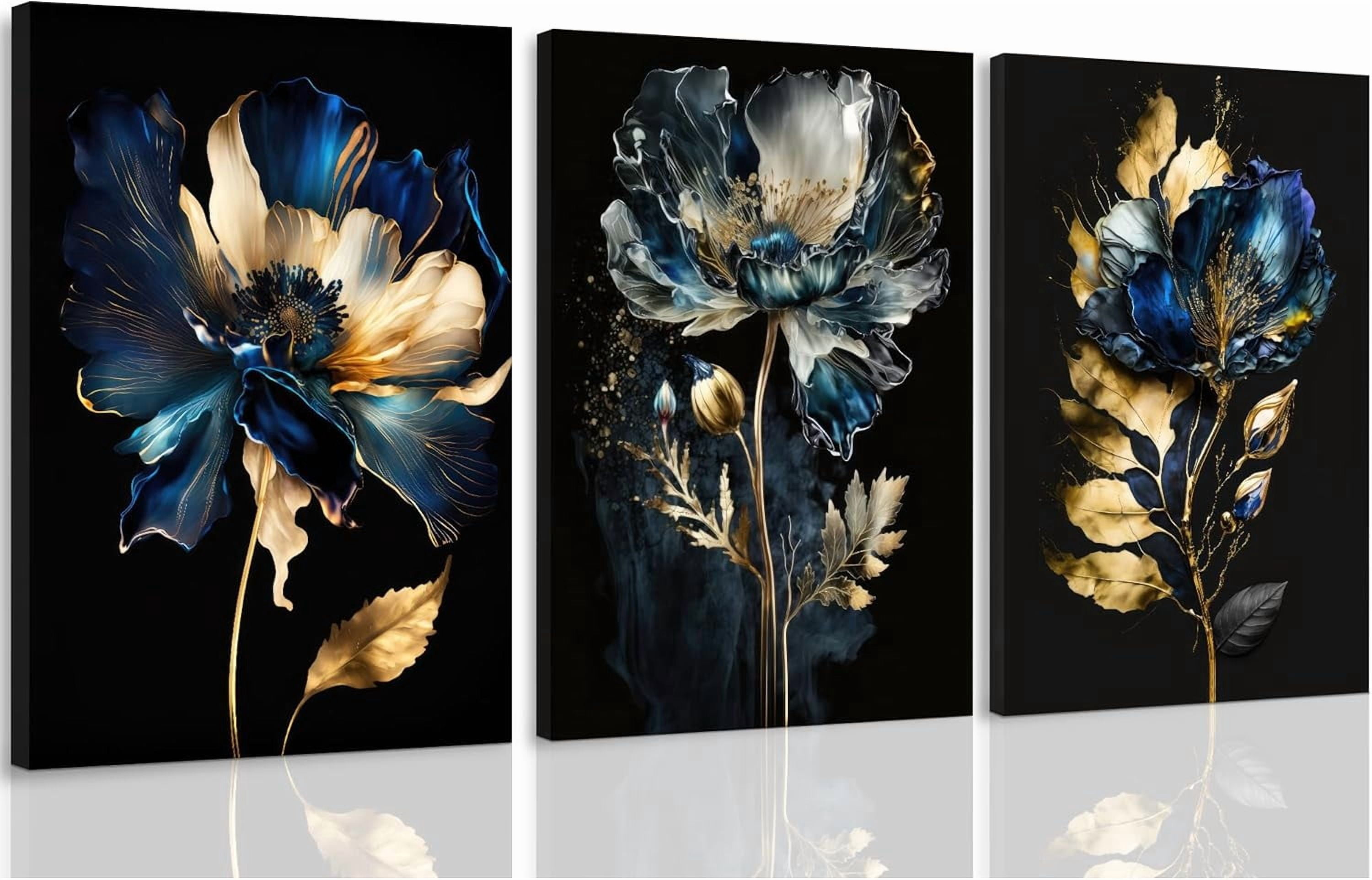 FCCUYE Moody Floral Wall Art, Vintage Blue and Gold Framed Canvas Wall ...