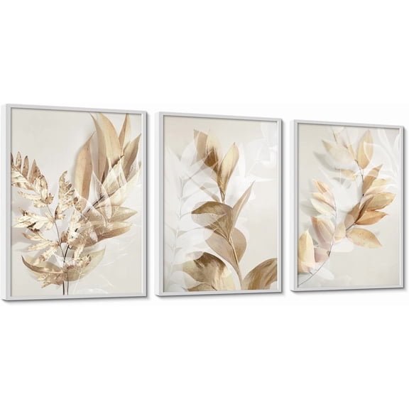 FCCUYE Morden Neutral Canvas Wall Art, Set of 3 Brown Leaf Wrapped Canvas Artwork Pictures for Dinning Room Bedroom Living Room, 12 * 16 inch x 3pcs