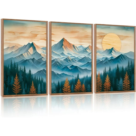 FCCUYE Mountain d Canvas Wall Art Set of 3, 24"x36" Country Woodcut Style Wall Decor, Forest Nature Wilderness Wall Painting, Large Modern Art Prints for Living Room, Bedroom, Farmhouse, Office
