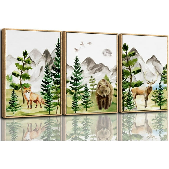 FCCUYE Mountain d Canvas Wall Art Set of 3, 24"x36" Country Woodcut Style Wall Decor, Forest Nature Wilderness Wall Painting, Large Modern Art Prints for Living Room, Bedroom, Farmhouse, Office