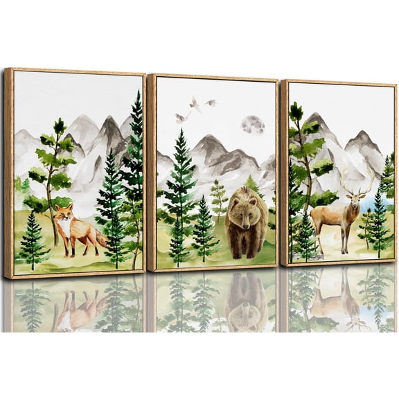 FCCUYE Mountain d Canvas Wall Art Set of 3, 24"x36" Country Woodcut Style Wall Decor, Forest Nature Wilderness Wall Painting, Large Modern Art Prints for Living Room, Bedroom, Farmhouse, Office