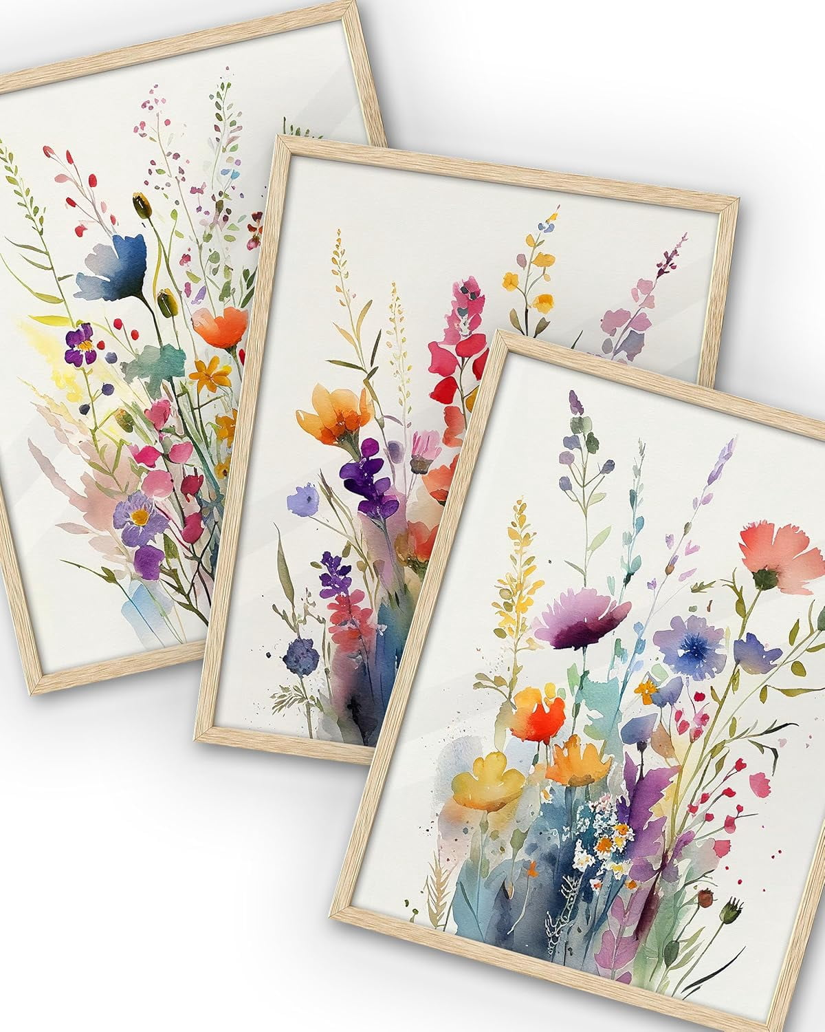 FCCUYE Natural OAK Wood Framed Blue Floral Wall Art, 12x16 in Set of 3 ...