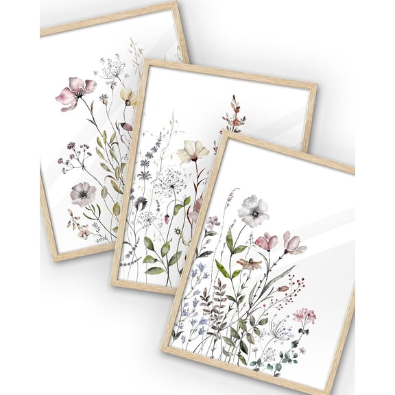 FCCUYE Natural OAK Wood Framed Floral Wall Art, 12x16 in Set of 3 Wildflower Canvas Prints, Beige Narrow Frame Botanical Flower Decor For Bedroom Living Room