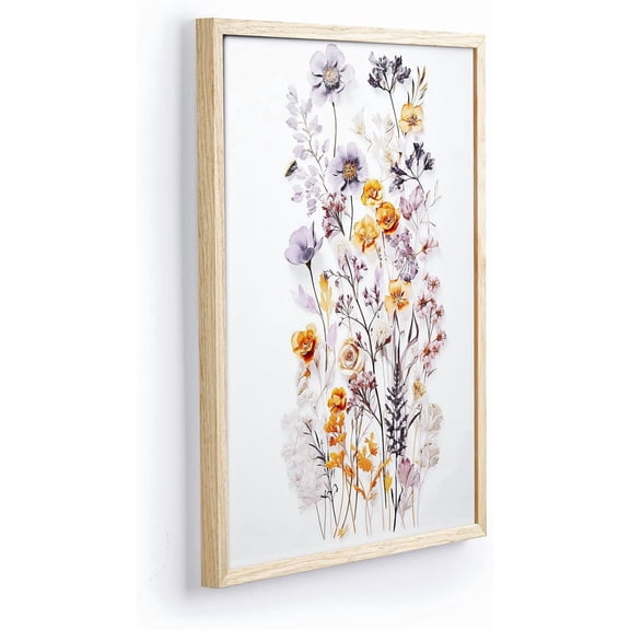 FCCUYE Natural OAK Wood Framed Floral Wall Art, 12x16 in Set of 3 Wildflower Canvas Prints, Beige Narrow Frame Botanical Flower Decor For Bedroom Living Room