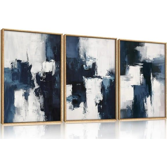 FCCUYE Navy Blue Abstract Framed Wall Art Set, Neutral Minimalist Canvas Wall Decor, Mid Century Modern Wall Painting, Grey Geometric Art Print for Living Room, Bedroom, Office - 16"x24"x3