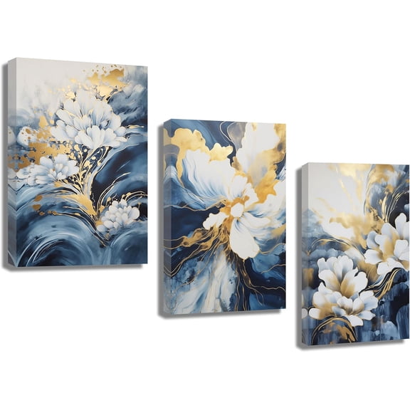 FCCUYE Navy Blue and Gold Canvas Wall Art 3 Piece Blue Gold Marble Artwork Prints Blue Abstract Watercolor Posters for Home Wall Decor Framed (Abstract Navy,12.00" x 16.00" x3Pcs)