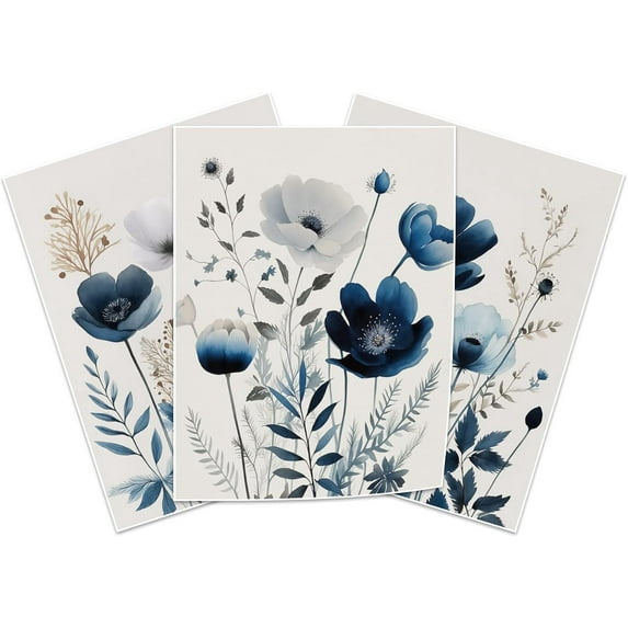 FCCUYE Navy Blue Wall Art Canvas Abstract Floral Painting Blue and Gray Posters Watercolor Flower Decor Wildflower Pictures Botanical Prints for Living Room Bedroom Bathroom 3 Pcs 12x16in d