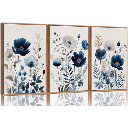 FCCUYE Navy Blue Wall Art Canvas Abstract Floral Painting Blue and Gray Posters Watercolor Flower Decor Wildflower Pictures Botanical Prints for Living Room Bedroom Bathroom 3 Pcs 12x16in d