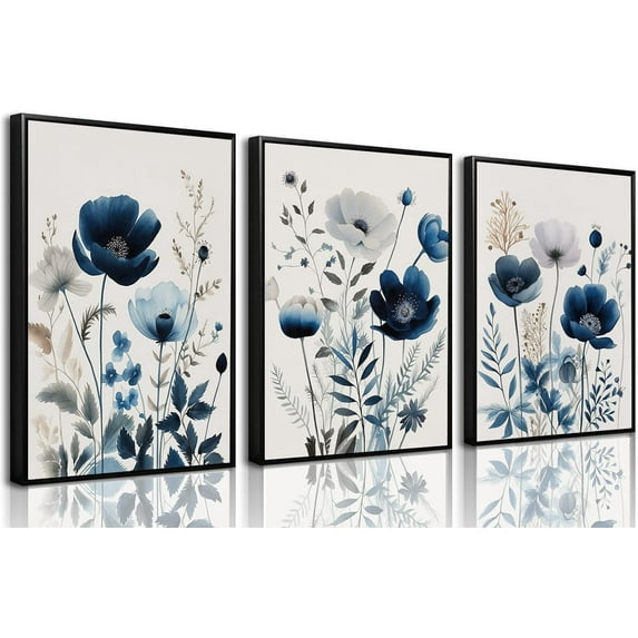 FCCUYE Navy Blue Wall Art Canvas Abstract Floral Painting Blue and Gray Posters Watercolor Flower Decor Wildflower Pictures Botanical Prints for Living Room Bedroom Bathroom 3 Pcs 12x16in d