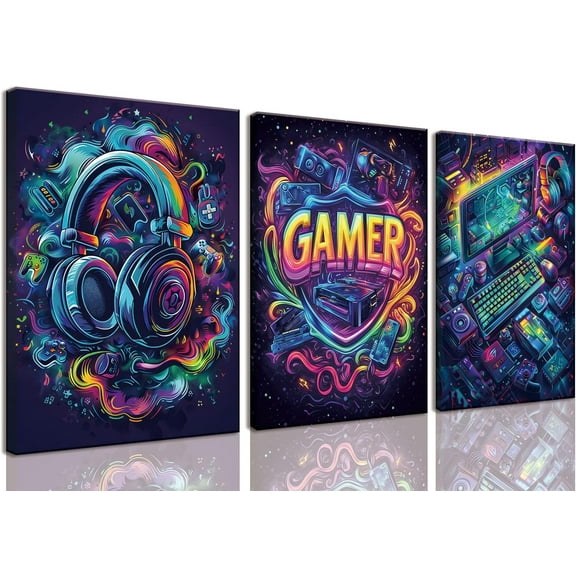 FCCUYE Neon Gaming Posters Video Game Wall Art Prints Set of 3 Game Room Decor Gaming Sign Painting Playroom Cool Pictures Gamer Wall Decor for Boy Teen Men Bedroom Bathroom 12x16in Unframed