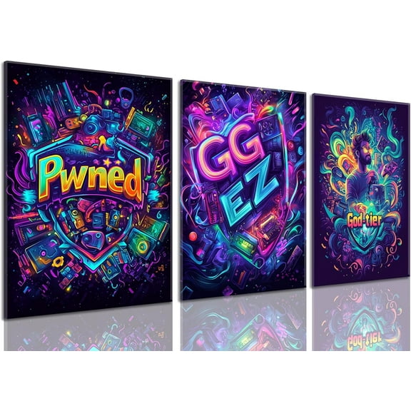 FCCUYE Neon Gaming Posters Video Game Wall Art Prints Set of 3 Game Room Decor Gaming Sign Painting Playroom Cool Pictures Gamer Wall Decor for Boy Teen Men Bedroom Bathroom 12x16in Unframed