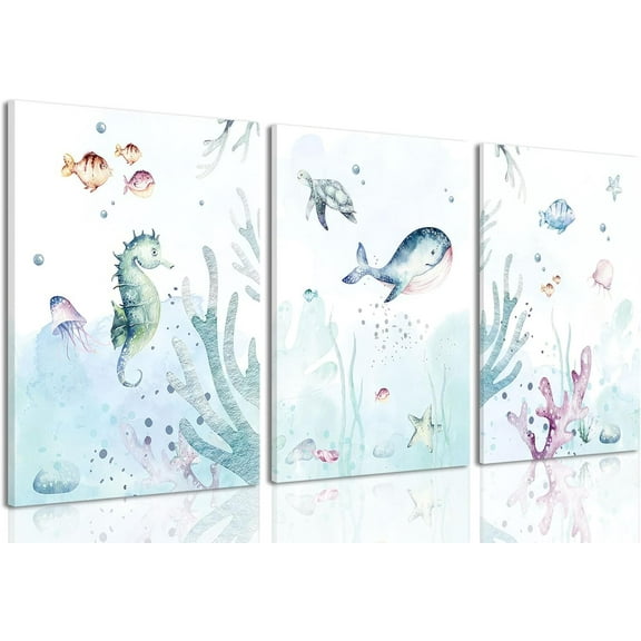 FCCUYE Ocean Nursery Decor,Nursery Wall Decor,Kids Bathroom Decor,Under The Sea,Boys Room Sea Animal Wall Art Picture Canvas Prints Set of 3,Bedroom 12x16 Inch Framed