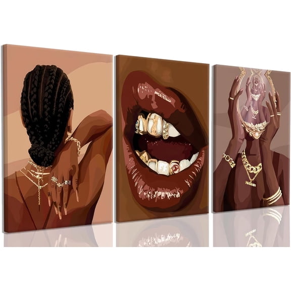 FCCUYE Pink Fashion Black Girl Canvas Wall Art Set of 3 Black Woman African American Wall Decor Pictures Gorgeous Black Women Artwork Posters Prints for Living Room Bedroom Bathroom 12x16In Und