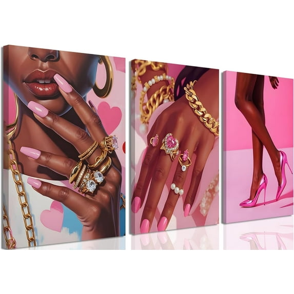 FCCUYE Pink Fashion Black Girl Canvas Wall Art Set of 3 Black Woman African American Wall Decor Pictures Gorgeous Black Women Artwork Posters Prints for Living Room Bedroom Bathroom 12x16In Und