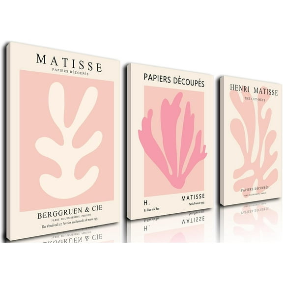 FCCUYE Pink Matisse Wall Art Posters Set of 3 Abstract leaf Canvas Prints Minimalist Henri Matisse Painting Modern Pastel Aesthetic Decor Pictures for Living Room Bedroom Bathroom 12x16in Unframed