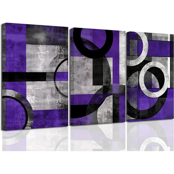 FCCUYE Purple Abstract Wall Art for Bedroom 3 Pieces Abstract Geometric Circle Black Gray Canvas Prints Minimalist Painting for Home Office Decor Framed (Gray, 16.00" x 24.00" x 3PCS)