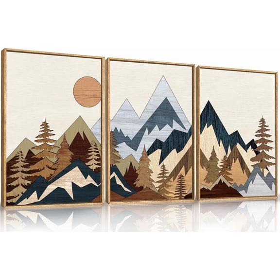 FCCUYE Purple Sunset Mountain Landscape Framed Canvas Wall Art Set,Nature Pine Tree Wildflowers Wall Decor,Golden Sunlight Wall Painting,Modern Field Art Prints for Living Room, Bedroom-16 x24 x3