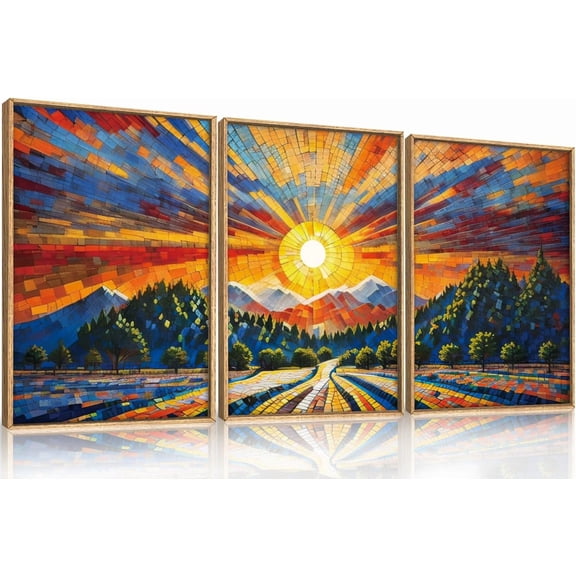 FCCUYE Purple Sunset Mountain Landscape Framed Canvas Wall Art Set,Nature Pine Tree Wildflowers Wall Decor,Golden Sunlight Wall Painting,Modern Field Art Prints for Living Room, Bedroom-16 x24 x3