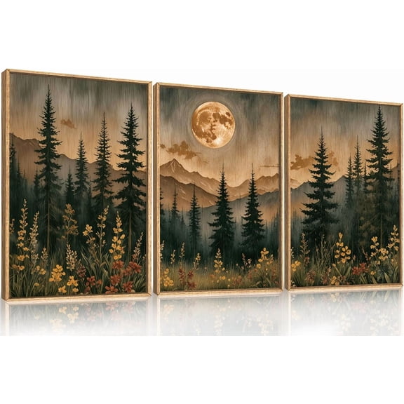 FCCUYE Purple Sunset Mountain Landscape Framed Canvas Wall Art Set,Nature Pine Tree Wildflowers Wall Decor,Golden Sunlight Wall Painting,Modern Field Art Prints for Living Room, Bedroom-16 x24 x3