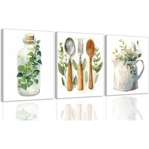 FCCUYE Sage Green Kitchen Wall Art Set of 3, Eucalyptus Leaves Plant Dining Room Painting Wall Decor, Boho Botanical Canvas Poster Print Farmhouse Pictures for Home Decoration Framed 16"x24"