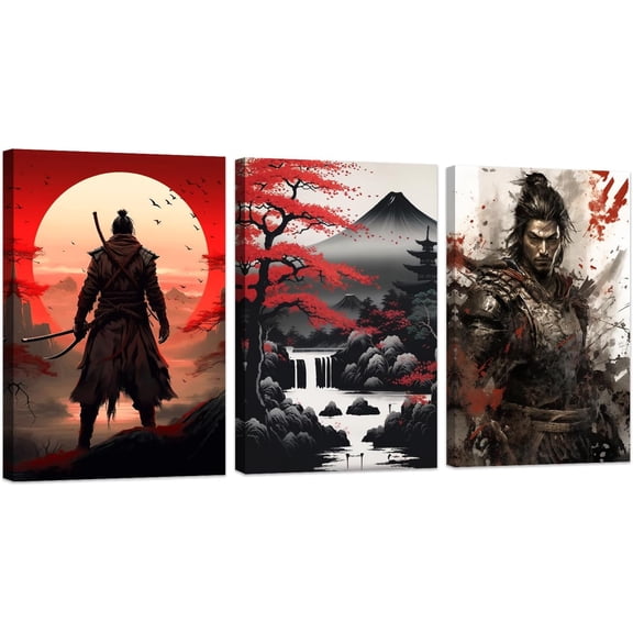 FCCUYE Samurai Wall Art 3 Piece Bushido Inspirational Poster Asian Warrior Print Canvas Red And Black Japanese Culture Painting for Office Home Decor Framed (A, (20"x28"x3))