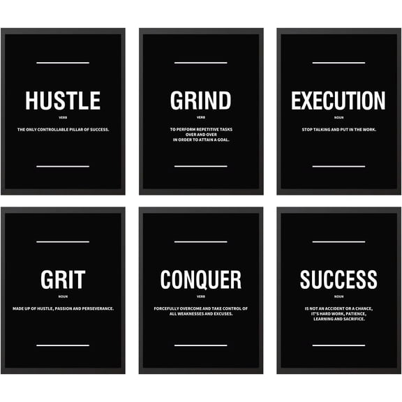 FCCUYE Set of 3 Motivational Wall Art Canvas Grind Hustle Execute Black and White Wall Decor Inspirational Words Quotes Posters for Home Office Workplace Proverbs Living Room Paintings(Framed,16x24)