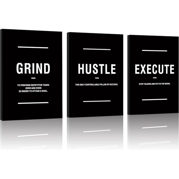 FCCUYE Set of 3 Motivational Wall Art Canvas Grind Hustle Execute Black and White Wall Decor Inspirational Words Quotes Posters for Home Office Workplace Proverbs Living Room Paintings(Framed,16x24)