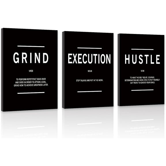 FCCUYE Set of 3 Motivational Wall Art Canvas Grind Hustle Execute Black and White Wall Decor Inspirational Words Quotes Posters for Home Office Workplace Proverbs Living Room Paintings(Framed,16x24)