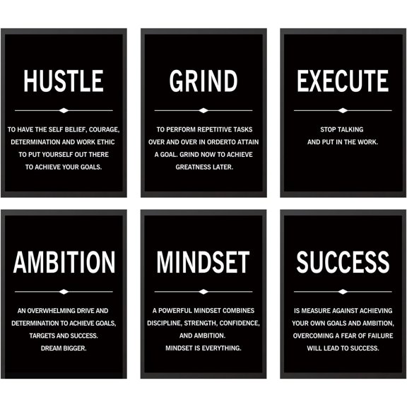 FCCUYE Set of 3 Motivational Wall Art Canvas Grind Hustle Execute Black and White Wall Decor Inspirational Words Quotes Posters for Home Office Workplace Proverbs Living Room Paintings(Framed,16x24)