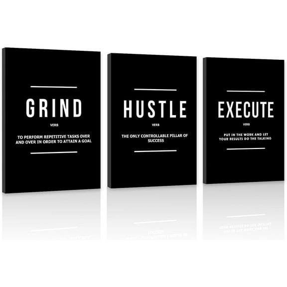 FCCUYE Set of 3 Motivational Wall Art Canvas Grind Hustle Execute Black and White Wall Decor Inspirational Words Quotes Posters for Home Office Workplace Proverbs Living Room Paintings(Framed,16x24)