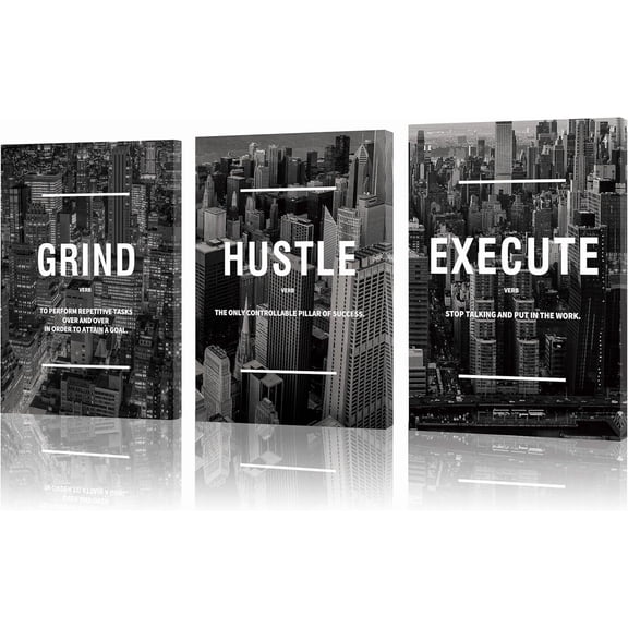 FCCUYE Set of 3 Motivational Wall Art Canvas Grind Hustle Execute Black and White Wall Decor Inspirational Words Quotes Posters for Home Office Workplace Proverbs Living Room Paintings(Framed,16x24)