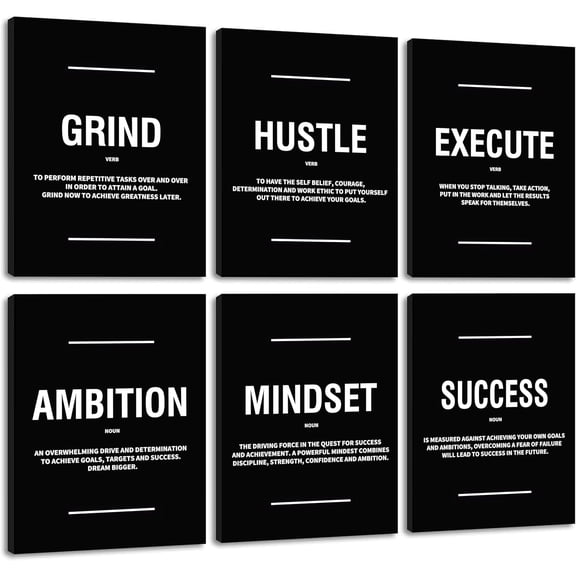 FCCUYE Set of 3 Motivational Wall Art Canvas Grind Hustle Execute Black and White Wall Decor Inspirational Words Quotes Posters for Home Office Workplace Proverbs Living Room Paintings(Framed,16x24)