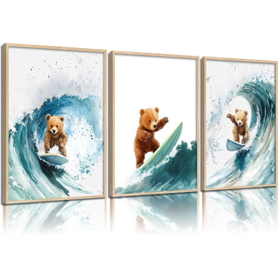 FCCUYE Teddy Bear Canvas Wall Art Set of 3 - Surf Nursery Paintings, Summer Beach Wall Decor for Bathroom, Kids Room & Playroom - Waterproof Wrapped Canvas 16X24 inch