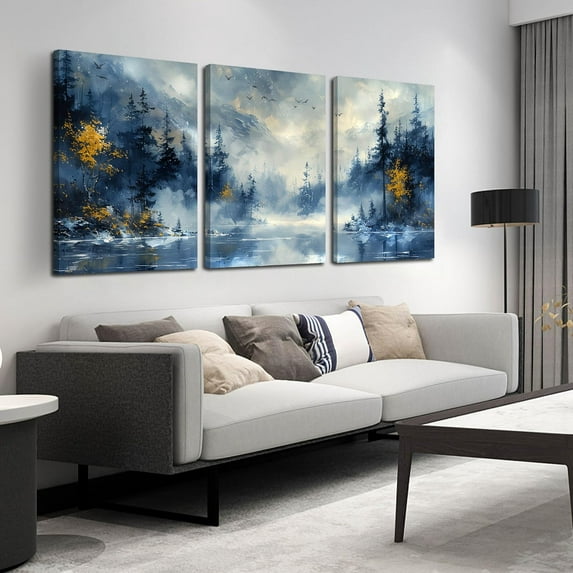 FCCUYE Trees Canvas Wall Art for Living Room - Blue Forest Wall Decor Office - 3 Piece Pictures Wall Art Size 16" x 24"