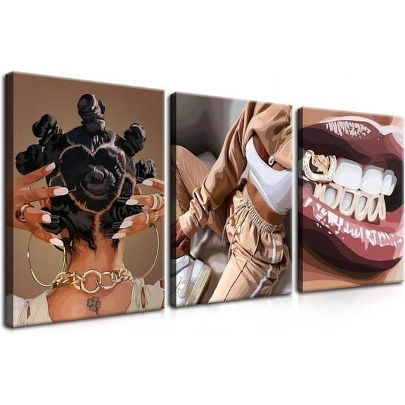 FCCUYE Trendy Black Girl Wall Art Set of 3, African American Pictures Wall Decor Fashion African Woman Canvas Prints Black People Posters for Home Living Room Bedroom Bathroom Und 12X16 in