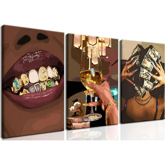 FCCUYE Trendy Black Girl Wall Art Set of 3, African American Pictures Wall Decor Fashion African Woman Canvas Prints Black People Posters for Home Living Room Bedroom Bathroom Und 12X16 in
