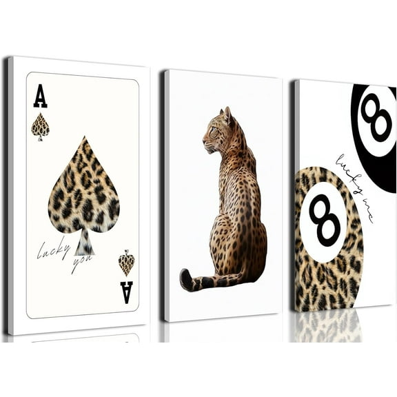 FCCUYE Trendy Leopard Canvas Wall Art Set of 3 Funky Lucky 8 Ball Posters Prints Preppy Room Aesthetic Painting Cheetah Wall Decor Pictures for Girls Bedroom Apartment Dorm 12x16 Inch Framed