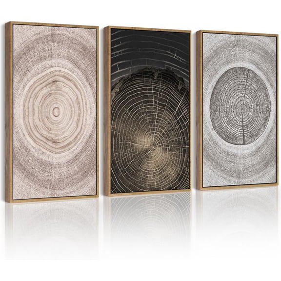 FCCUYE Vintage Wood Tree Rings Wall Art 24x36in Farmhouse Rustic Framed Canvas Paintings Living Room Bedroom Decor Nature Artwork Natural Framed