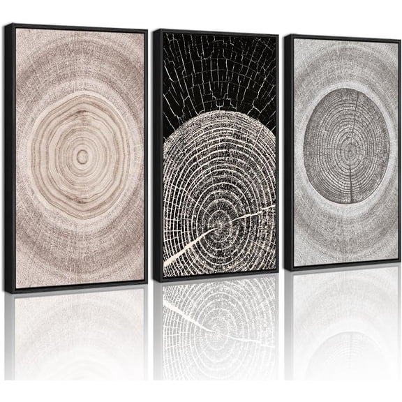 FCCUYE Vintage Wood Tree Rings Wall Art 24x36in Farmhouse Rustic Framed Canvas Paintings Living Room Bedroom Decor Nature Artwork Natural Framed