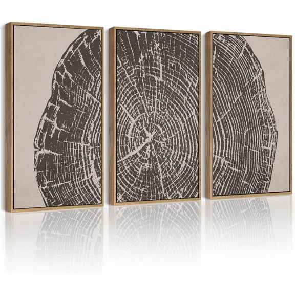 FCCUYE Vintage Wood Tree Rings Wall Art 24x36in Farmhouse Rustic Framed Canvas Paintings Living Room Bedroom Decor Nature Artwork Natural Framed