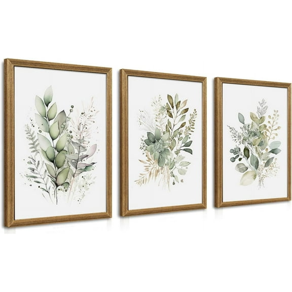 FCCUYE Watercolor Botanical Wall Art Set of 3 Boho Sage Green Wildflower Canvas Wall Art Prints Modern Floral Wall Decor for Bedroom Living Room Bathroom Decorations Framed 12x16 Inches